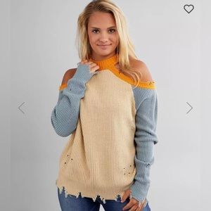 DAY TRIP Distressed Cold Shoulder Sweater